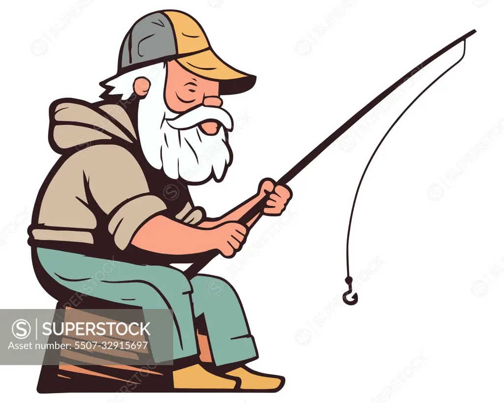 the character of an old man in a cap sits with a fishing rod and fishes for  his pleasure. - SuperStock