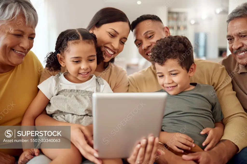 Family, tablet and video call with smile sofa together in living room in home with love, happiness and bonding. Black family, video conference and technology for communication, kids and parents