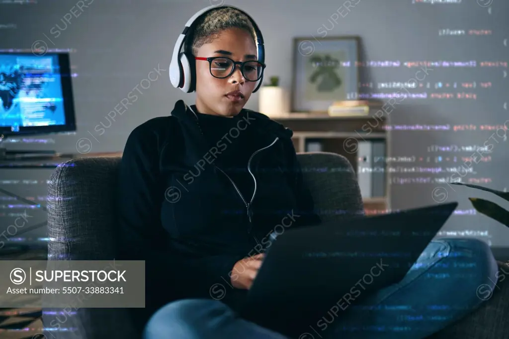 Woman, code overlay and laptop typing with cybersecurity, hacker and software data analysis. Digital, programmer and computer work with firewall system hacking and algorithm writing for malware