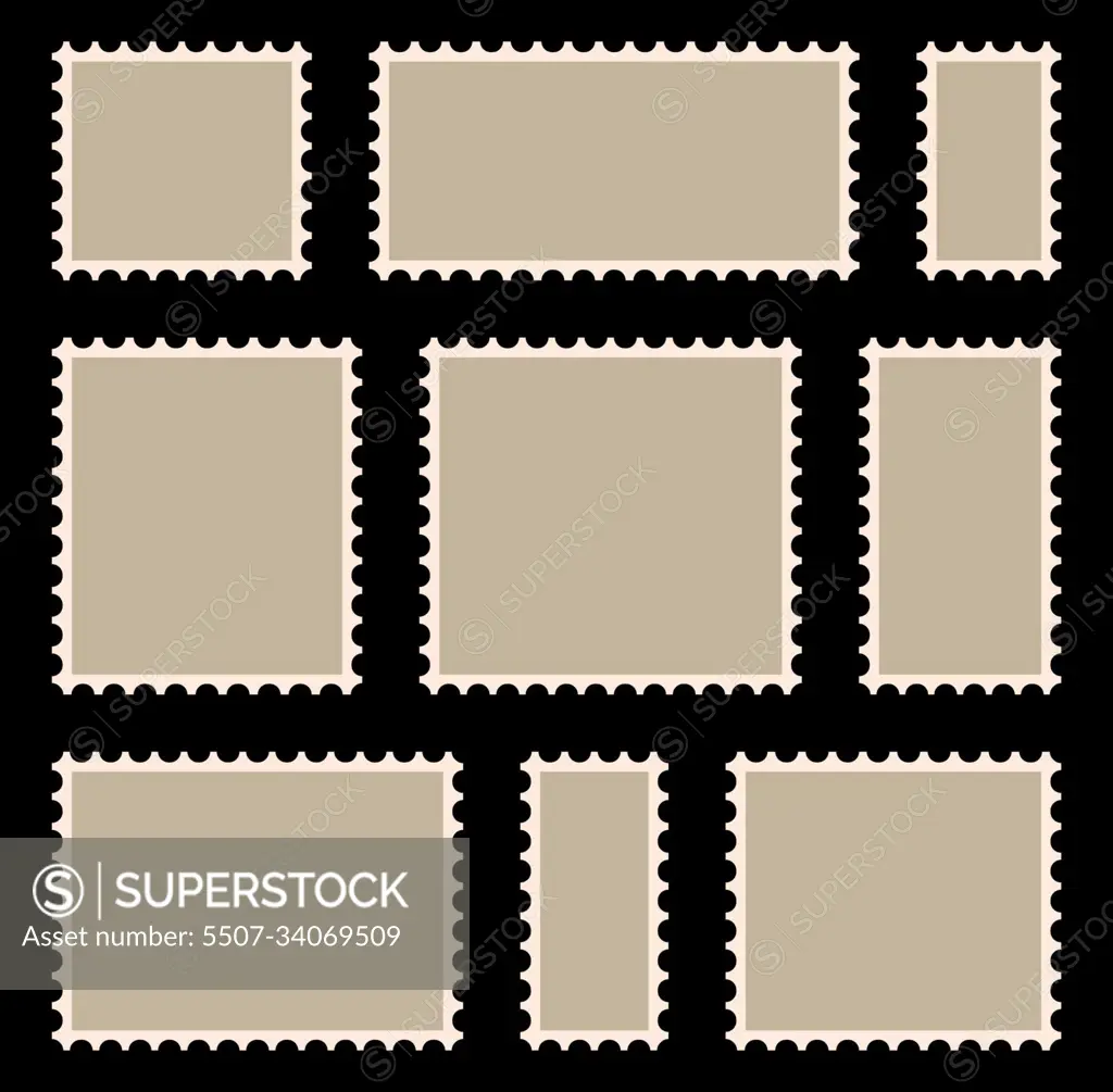 Postal stamp frame or border set with copyspace. Blank, beige po -  SuperStock