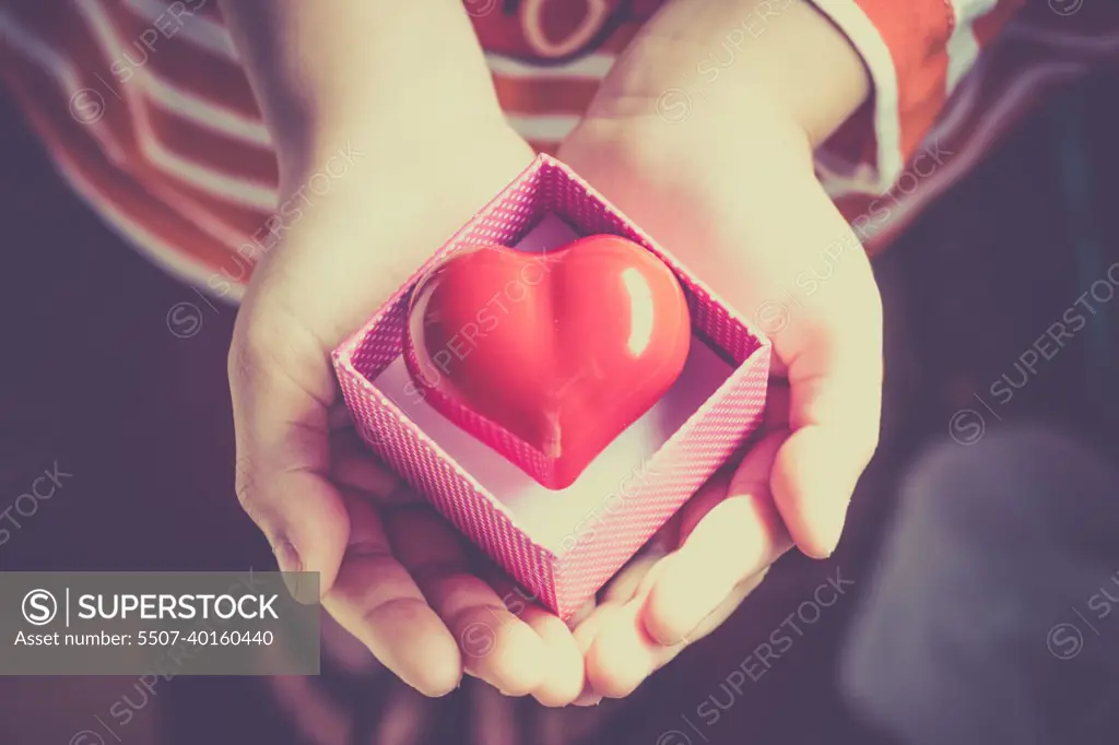 Red Heart in a gift box, in the hands of a girl.