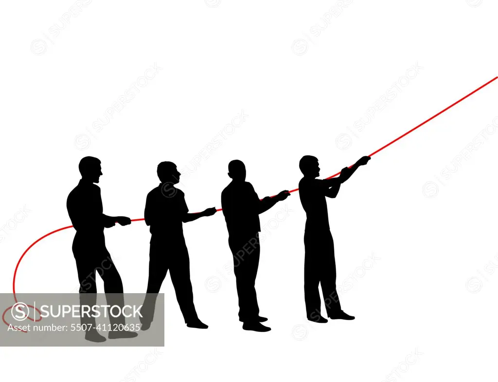 Black silhouettes of people pulling rope�. Vector illustration. - SuperStock