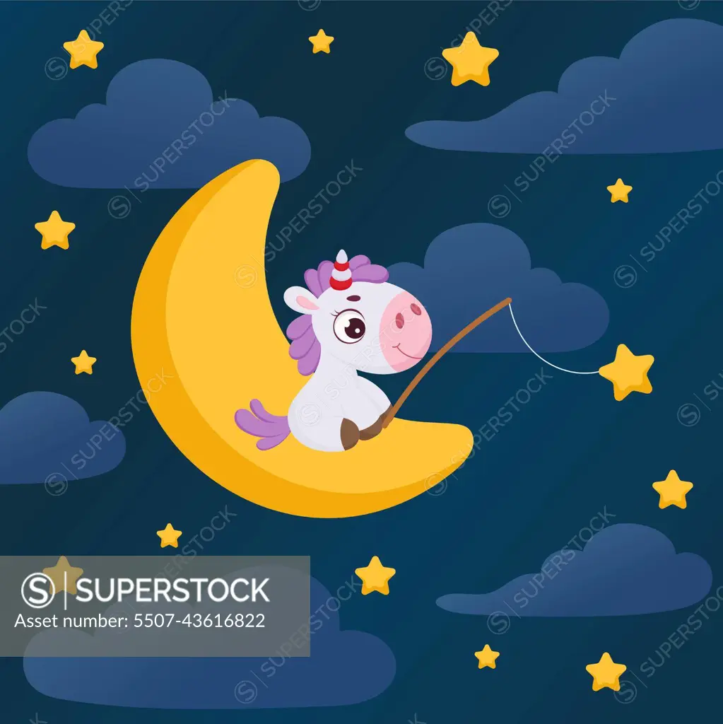 Cute little unicorn sitting on moon with fishing rod catches stars