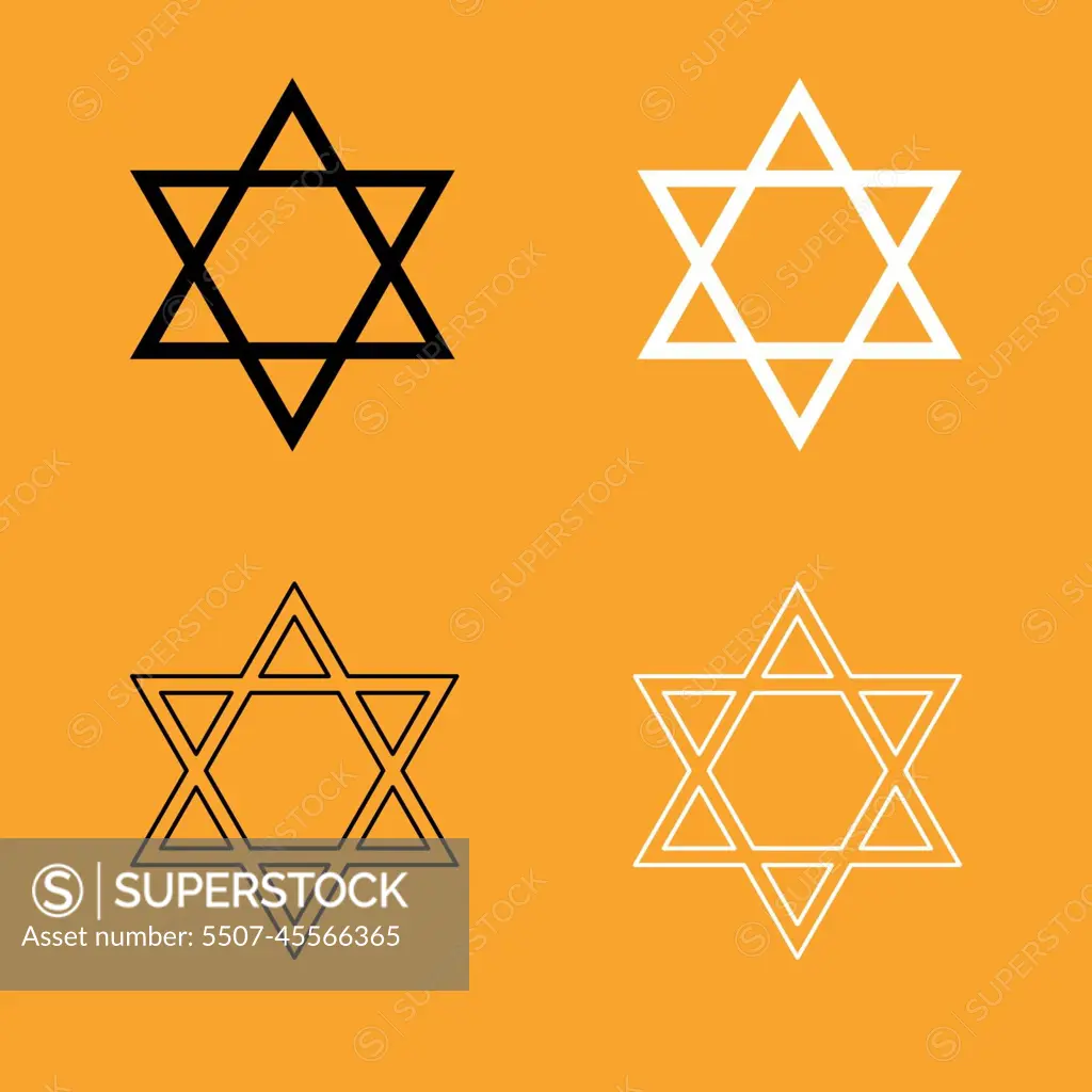 Jewish star of David set black and white icon .