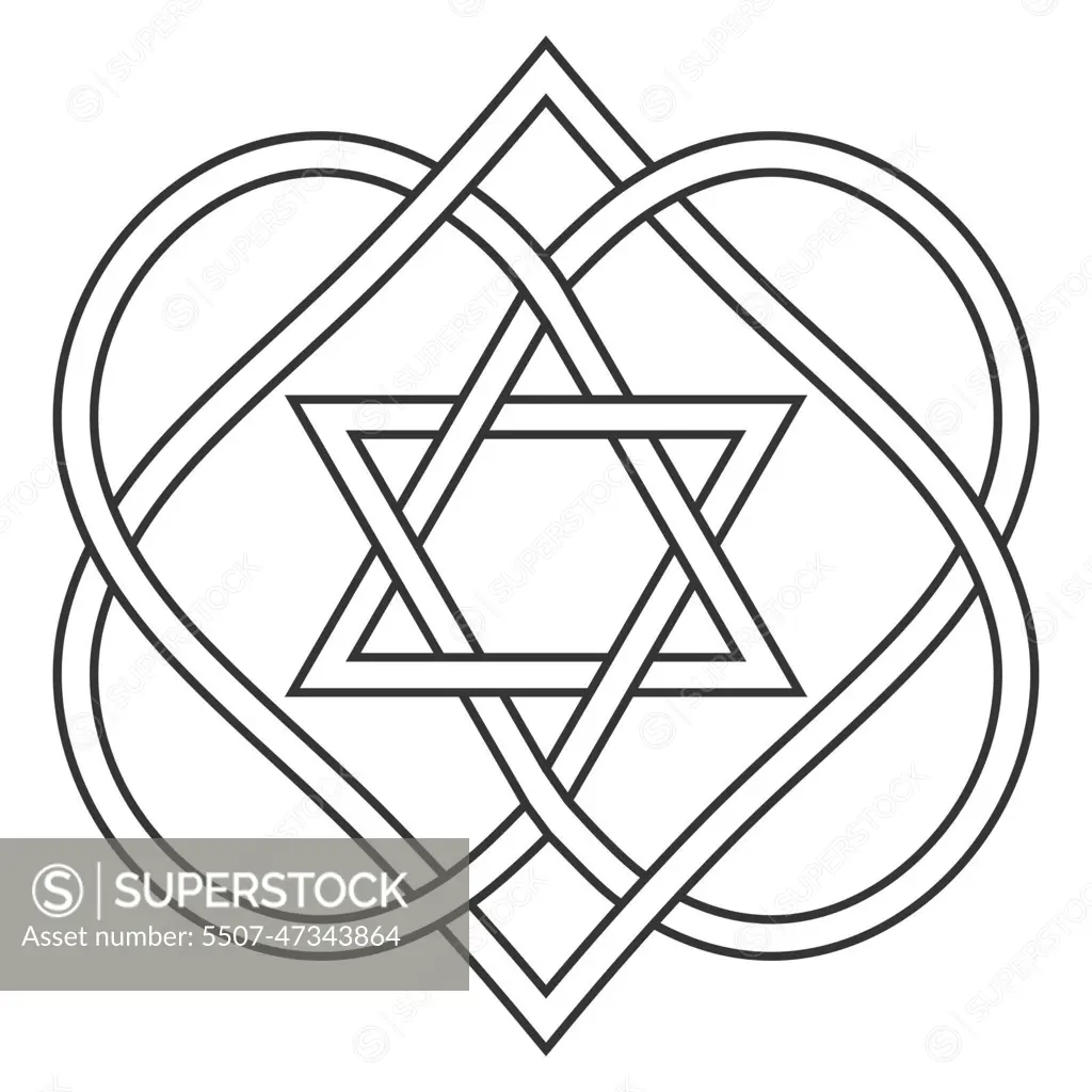 Celtic knot entwining hearts and stars of David, vector Jewish heart shape with star of David art two hearts are woven into carved love knot, symbol Jewish wedding