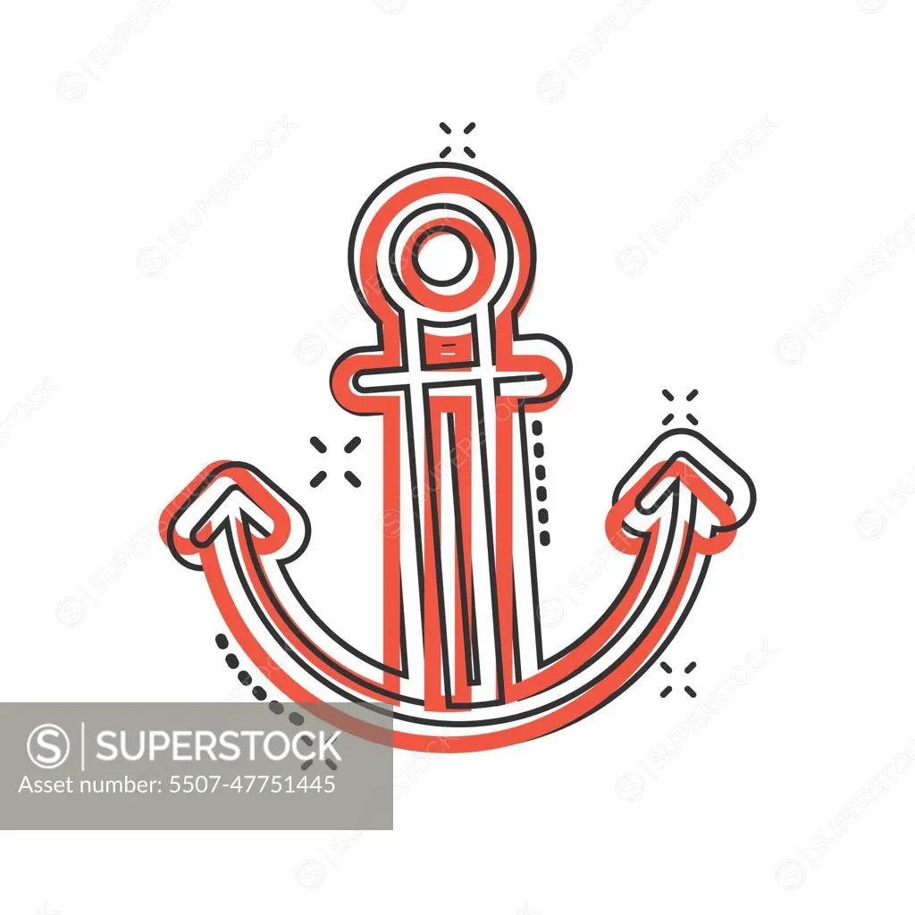 Boat anchor icon in comic style. Vessel hook cartoon vector illustration on  white isolated background. Ship equipment splash effect business concept. -  SuperStock
