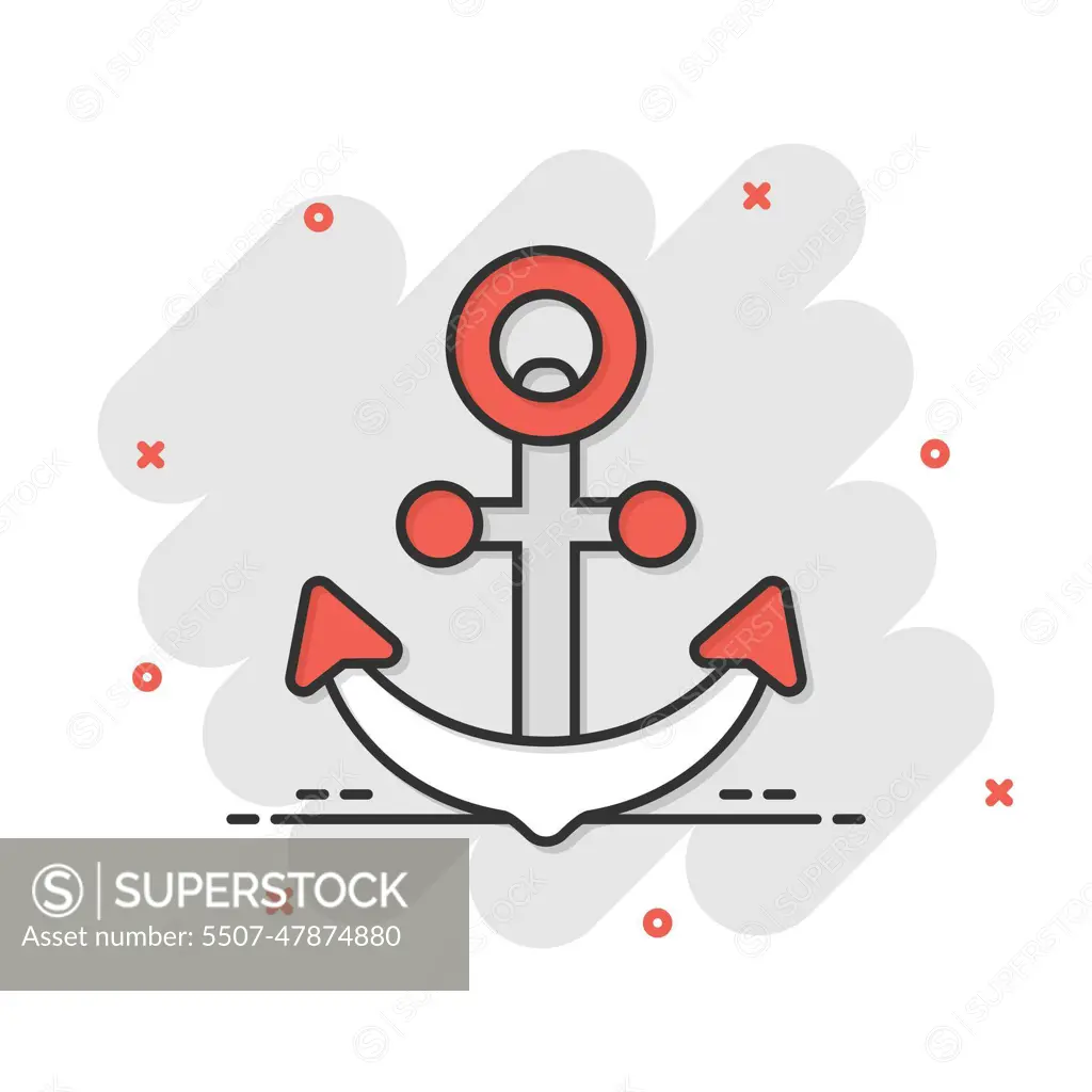 Boat anchor sign icon in comic style. Maritime equipment vector