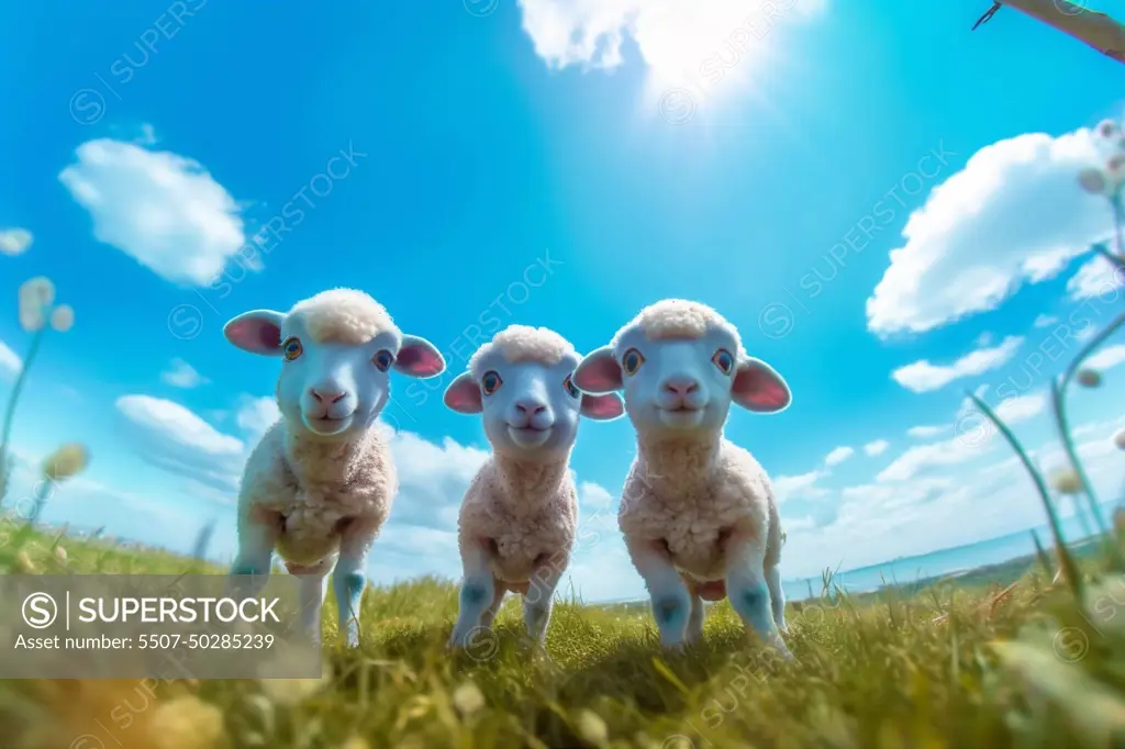animal lamb sheep wool green field farm sun grass meadow. Generative AI.