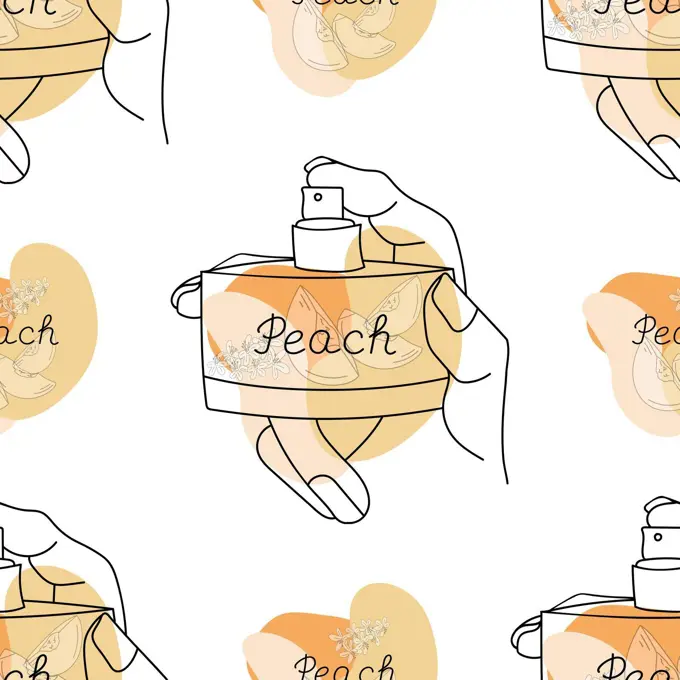 Background seamless pattern with a bottle of perfume in the hands of a girl. Orange abstract shapes with lettering Peach and peach slices.