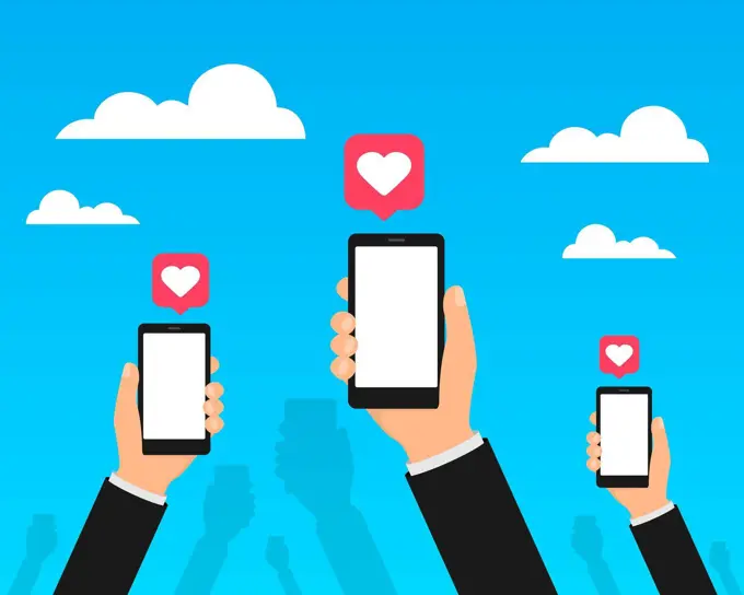 Social Media on mobile phones vector. Hands holds smartphones with social media