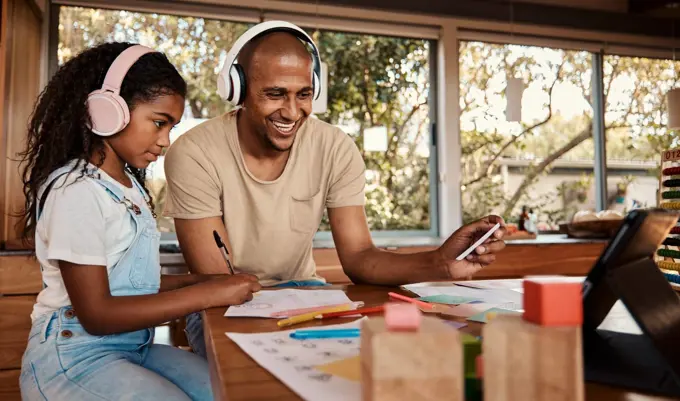 Headphones, black family and kid with online audio streaming, language learning and translation service for support. Happy father with girl child listening on tablet app for webinar or video call