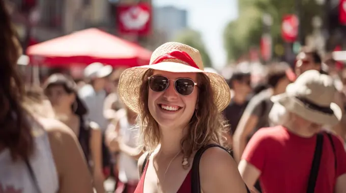 Young diverse adults celebrating Canada Day on streets of Canada. Happy tourists visiting Canada. Summer vacation. Generative ai.