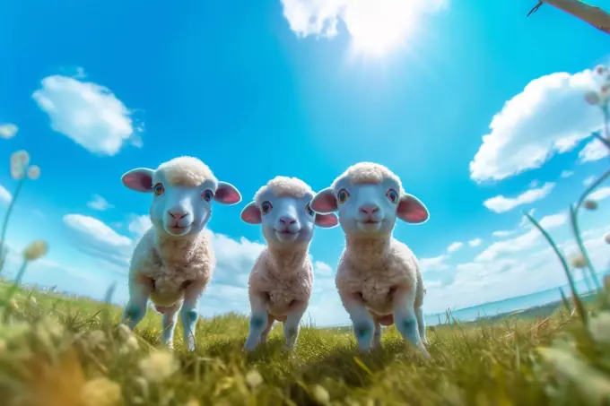 animal lamb sheep wool green field farm sun grass meadow. Generative AI.