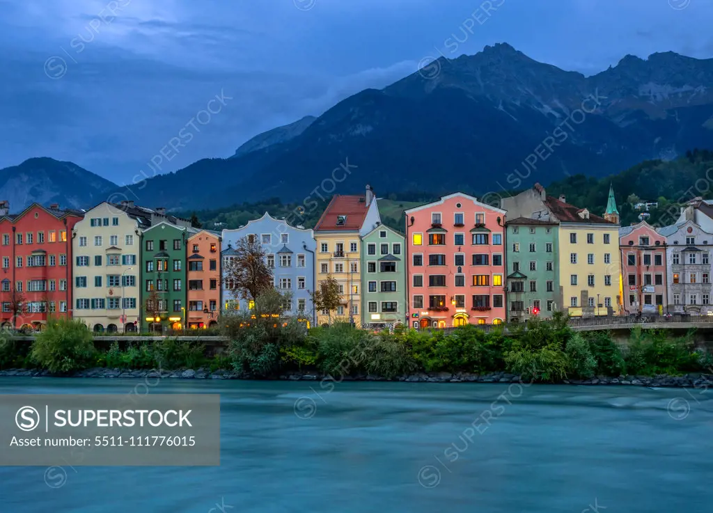 Buildings on the Innriver at Dusk, Innsbruck, Austria