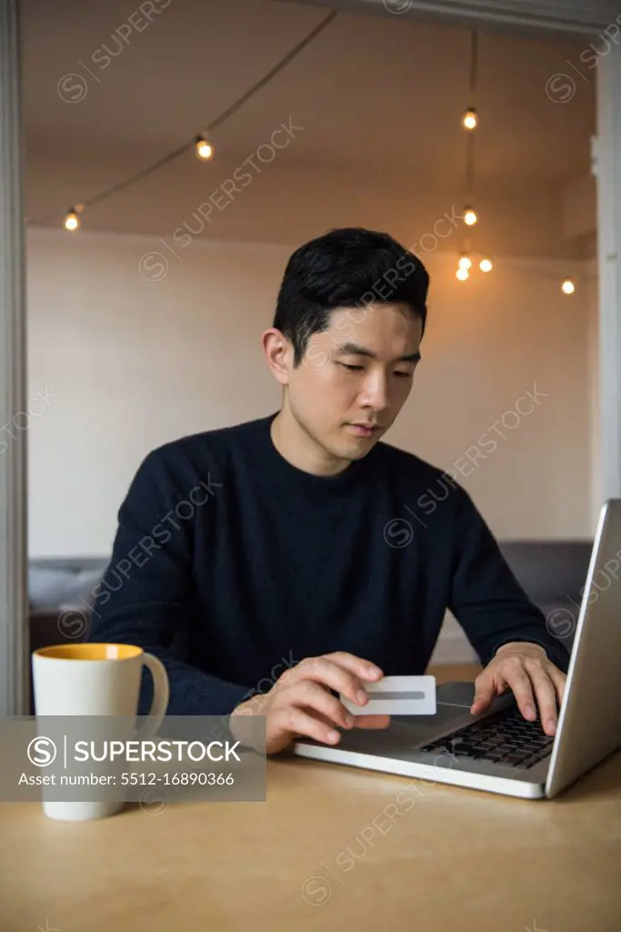 Man doing online shopping on laptop at home