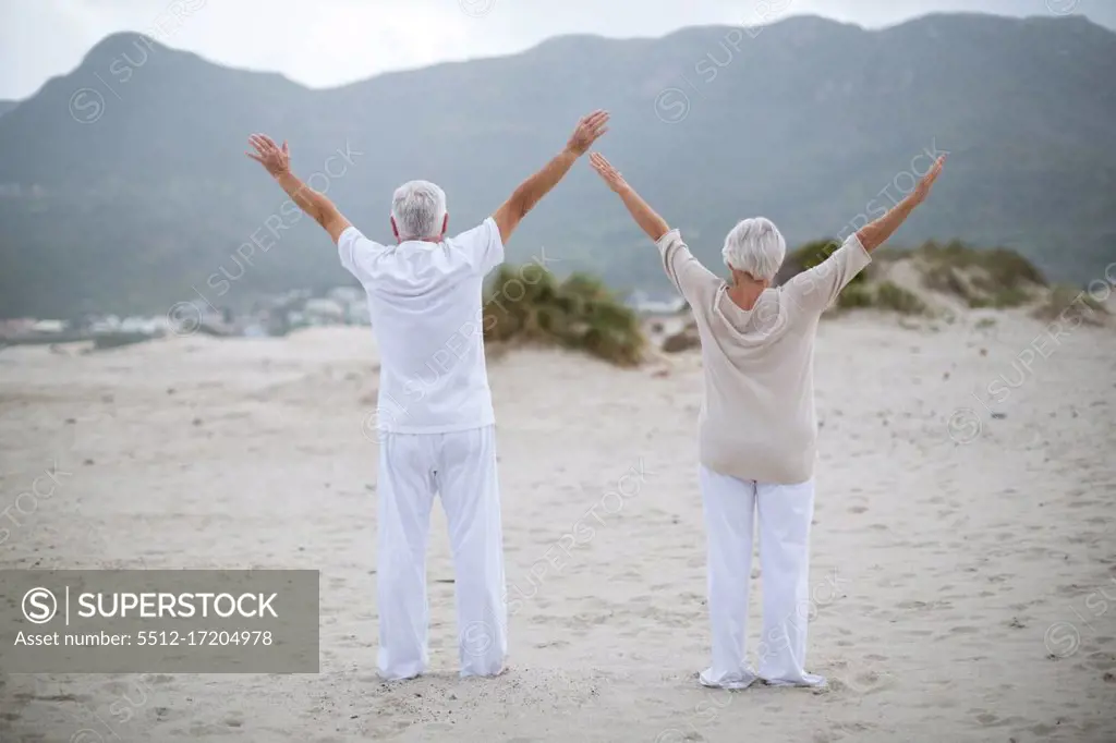 Rear view senior couple standing with arms outstretched on the beach