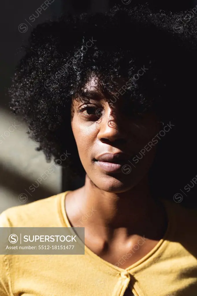 Portrait of african american woman looking at camera in high contrast interior. digital creatives on the go.