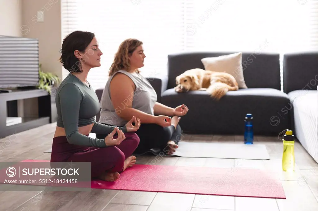 Lesbian couple practicing yoga, meditating on yoga mats. domestic lifestyle, spending free time at home.