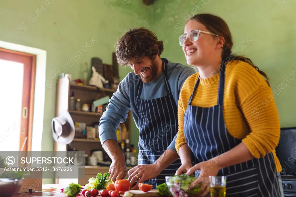 Happy young couple cooking meal while chopping and mixing vegetables together in kitchen. domestic lifestyle and love, healthy eating.