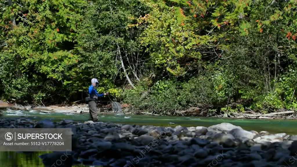Side view of fisherman fishing in the forest stream on a bright sunny day,  Fisherman using beckman fishing net for fishing 4k - SuperStock