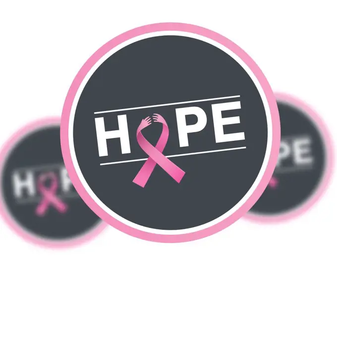 Pink breast cancer awareness badges on white background