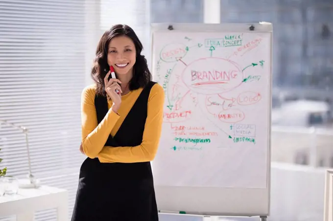 Portrait of female executive standing in front of flip chart at office