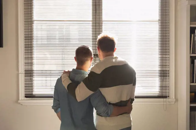 Rear view of Caucasian male couple relaxing at home, standing together by the window, embracing and interacting. 
