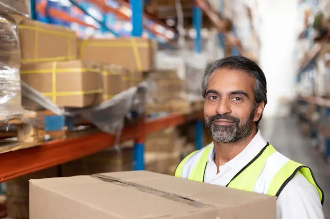 Close-up of male staff carrying cardboard boxes in warehouse. This is a freight transportation and distribution warehouse. Industrial and industrial workers concept
