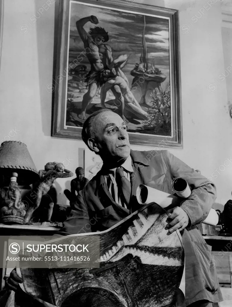 Zagor in his home. It is packed with European culture and many examples of his sculpture, drawing, painting and other works of art. March 25, 1953.
