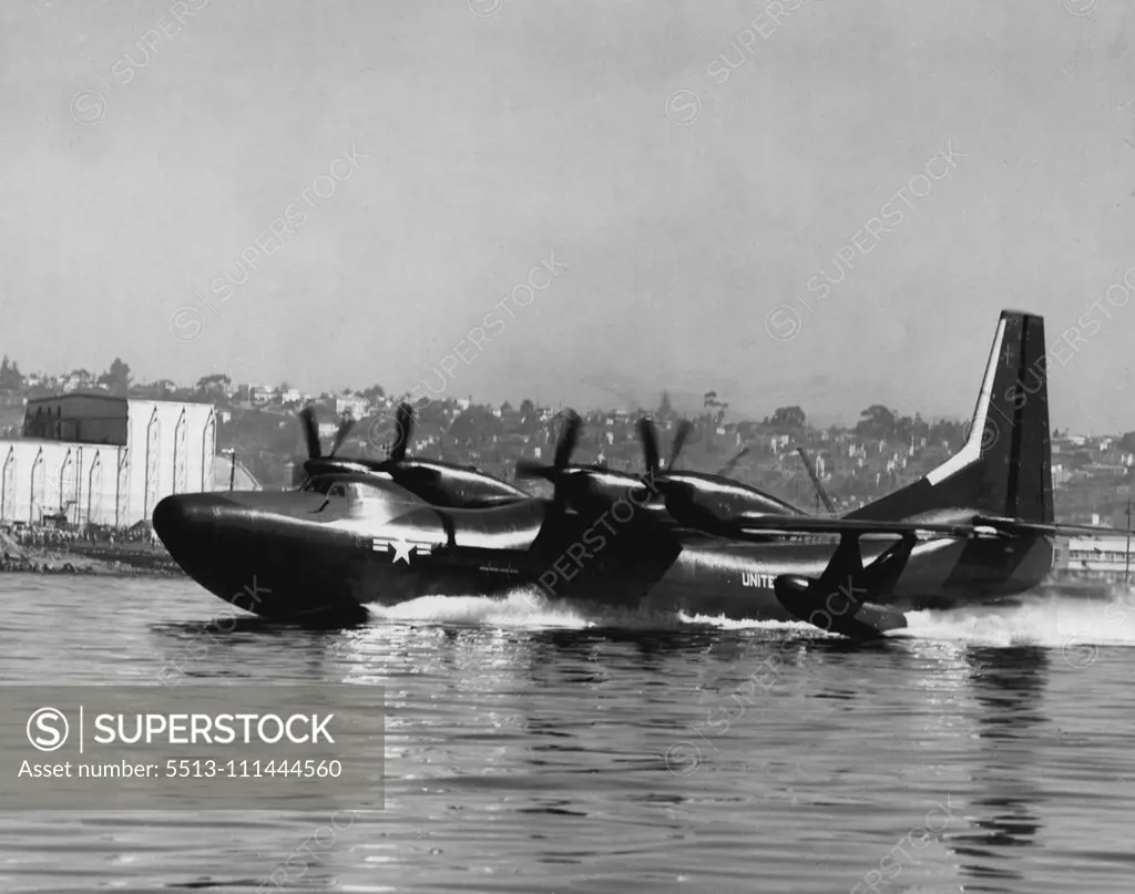 America's first turboprop seaplane transport -- the Convair R3Y Tradewind -- races down San Diego Bay for its maiden flight. Built by Convair's San Diego Division for the U. S. Navy, the 80-ton seaplane took off in less than 30 seconds and was flown during a shakedown test program for more than two hours on its first flight. Upon completion of the flight, Convair Test Pilot Don Germeraad said: "I have flown many types of seaplanes, but the R3Y is the best I've ever handled." February 25, 1954.