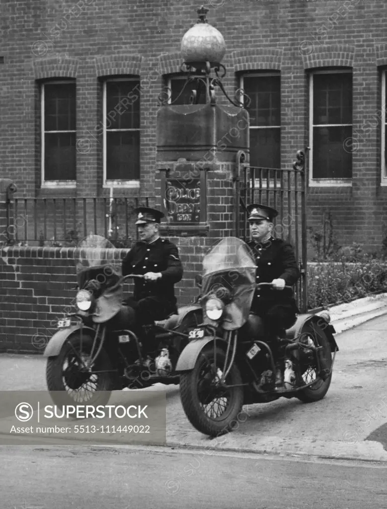 New Police Cycles -- Two of the solos leaving the barracks for their first road patrol. The Premier, Mr. W.J. Mckell, has provided special funds fro the provision of a number of high - powered solo motor-cycles for the control of speedsters, etc. The first six of these cycles took the road to-day, after an inspection at Bourke-St. police barracks. November 07, 1946. (Photo by Frank Albert Charles Burke/Fairfax Media).