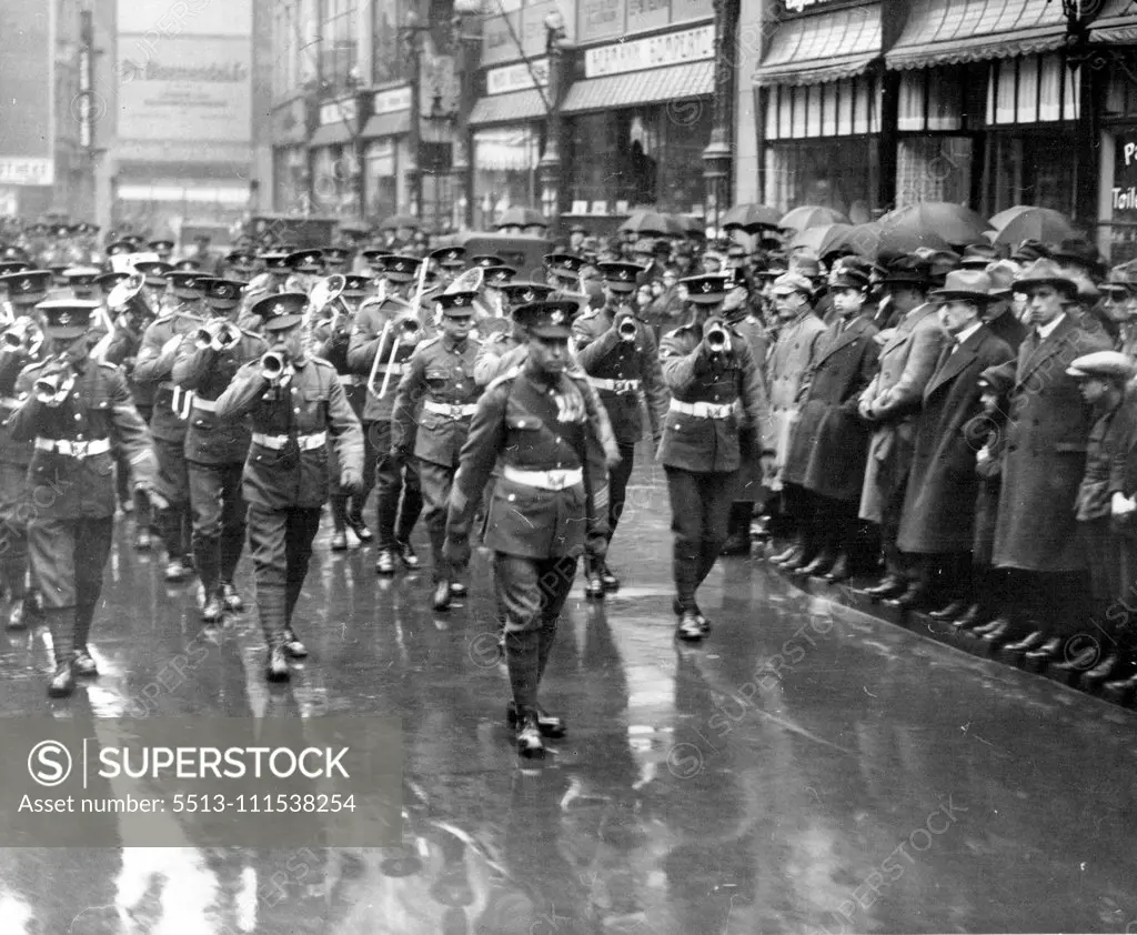 The Evacuation of the Rhine: The British Army, after seven years, began the Evacuation of Cologne on the eve of the signing of the Locarno Peace Pact. The last Church Parade. The band leading the troops as they leave the church after the last church parade. January 1, 1929. (Photo by Sport & General Press Agency, Limited).