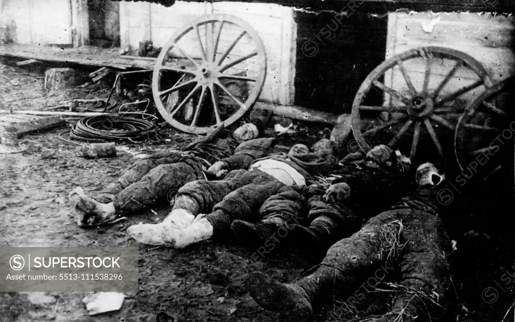 A group of Red Army men war prisoners tortured to death by Germans in village Sredne-Tsaritsynskoe, Stalingrad region. January 10, 1943.