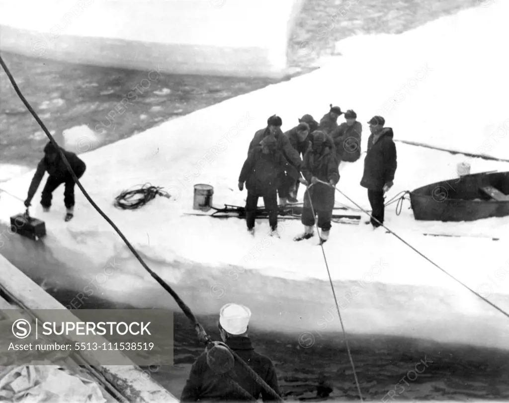 Lincoln Ellsworth Dramatic Adventure in Antarctic: Another view of the marooned men, now about to be taken aboard the Wyatt Earp. April 2, 1934.