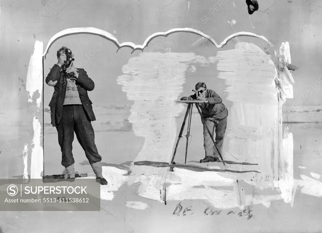 British Arctic Air Route Expedition: The survey party on ice flow during the Northern Coast Survey under A. Courtauld. Left to right L. R. Wager with sextant. A. Courtauld, A. Stephenson and W. E. Hampton. October 25, 1930. (Photo by British Arctic Air Route Expedition Photograph).