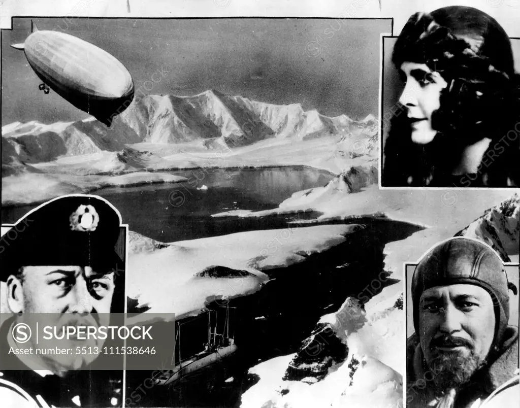 Pictorial forecast of the proposed meeting of the Zeppelin of Dr. Eckener (lower left), with the submarine of Sir G. H. Wilkins (lower right) at the North Pole. Lady Grace Drummond Hay (above) will be on the Zeppelin. June 8, 1931. (Photo by International News Photos, Inc.).