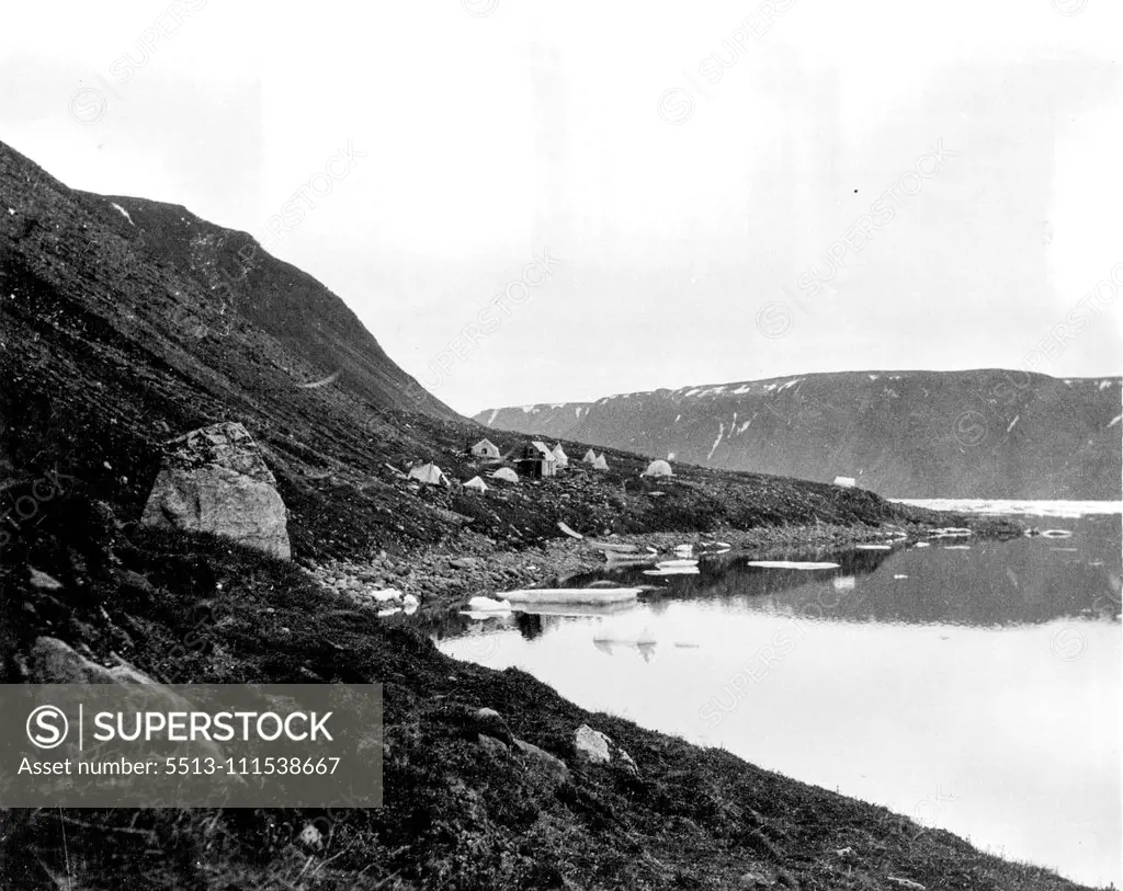 Oxford University Ellesmere Land Expedition: View showing the expedition's winter quarters and Fiord at Foulke sound, Etah. July 29, 1935.