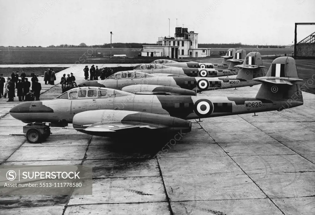 Meteors and Vampires Form Ever-Ready Interceptor Force A group of the Armstrong Whitworth Meteor N.F. 11 jet planes, photographed on the ground before the demonstration at West Malling RAF Station yesterday. Giving a demonstration yesterday at West Mailing RAF Station, Kent., was the first all-weather squadron of jet night interceptors. The planes, de Havilland Vampires and Armstrong Whitworth Meteors converted to carry a navigator and radar equipment, will close the gap in the protective networ