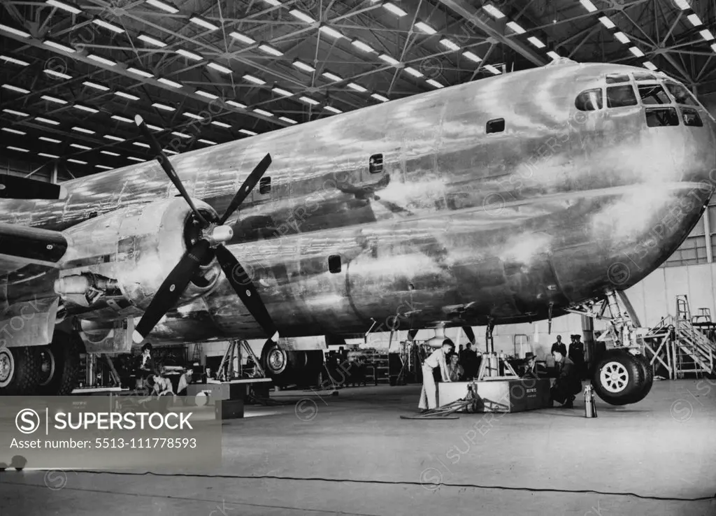 Stratocruiser Made Ready For U.S. Test Flight Big sister of the previously unrivalled B-29 Superfortress, this huge military transport, the Stratocruiser, is weighed air U.S. war plant just before being wheeled out the door ***** test flight. Capable of carrying more than 100 fully ***** infantrymen, the massive plane has a range of 2,323 ***** and a speed of 383 miles per hour. The Stratocruiser, the world's largest land plane, is powered by four ***** horsepower radial engines and has 10,000 c