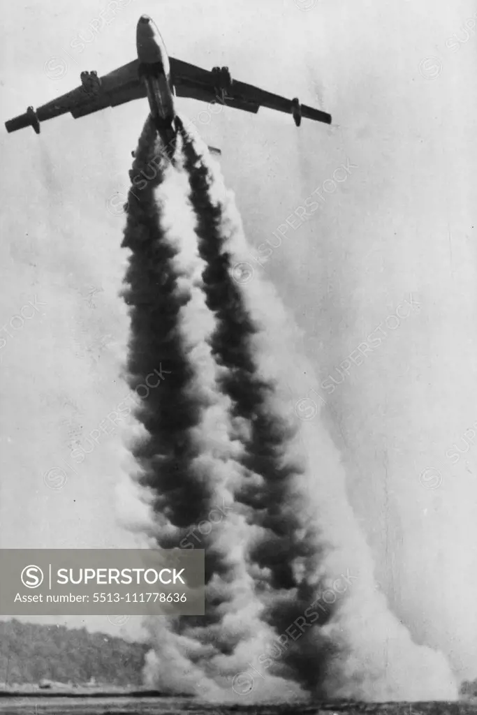 Stratojet Takes Off - Trailing smoke form its jet ***** and 18 jet assist take-off units, the second ***** built XB-47 took off on its maiden flight from ***** field here today. The stratojet flew to Moses ***** Force Base where it will be given further tests. January 01, 1948. (Photo by AP Wirephoto).