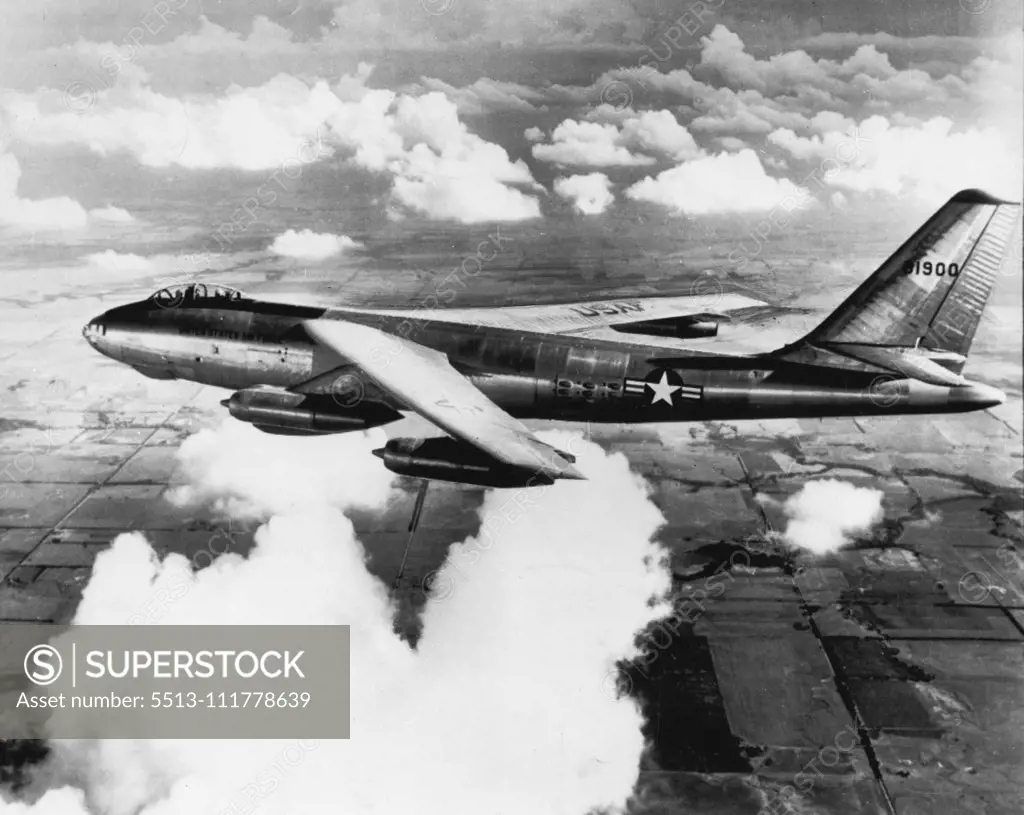 To Use Jet Bomber for Atomic Tests - The Air Force said today three types of bombers - one the B-47 all-jet medium bomber like this one soaring just above the clouds on a test flight -- will be used in the atomic tests in the Pacific. The B-47 is a six-jet engine powered, swept-wing plane in the "600-mile-per-hour speed class." March 21, 1951. (Photo by AP Wirephoto).