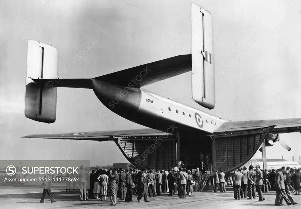 Flying Display And Exhibition Opens Today At Farnborough Aerodrome, Hants - Crowd queueing up to inspect the Blackburn General Aircraft Ltd. Prototype Beverley, a freighter, at the Exhibition today. Large crowds today attended the 1953 Flying Display and exhibition, showing the products of the Members of the Society of British Aircraft Constructors, which opened today at Farnborough Aerodrome, Hants. September 07, 1953. (Photo by Fox Photos).