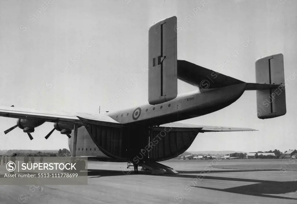 Wide Open For Britain's Shop-Window Air Show -- A Beverley R.A.F. Transport with its large doors folded back. The plane is one of the biggest in the Farnborough Air Display which opens on Tuesday. On Friday the public will be admitted to the show. September 06, 1953. (Photo by United Press Photo).