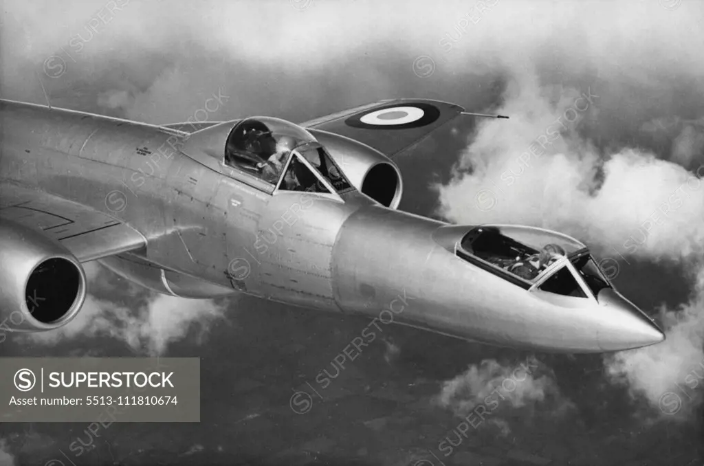 "Prone Flying" Experiments In The R.A.F. -- The "prone position" Meteor in flight - a close-up from another aircraft. The pilot can be seen lying prone in the nose of the Meteor. A new "prone flying" Meter jet aircraft built to investigate the possibilities of flying the aircraft from the prone position, is now being used at the Royal Aircraft Establishment at Farnborough under the direction of the R.A.F, Institute of Aviation Medicine. Among the problems being studied are the cutting down of th