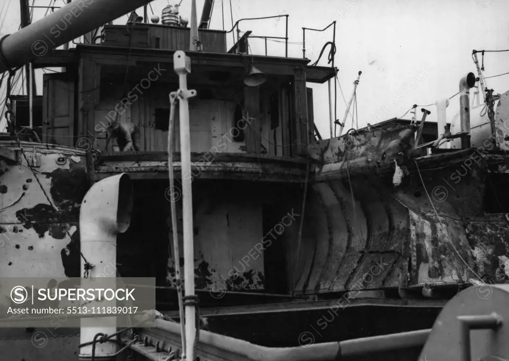 Hospital Ship Manunda showing damage done by Japanese bombs at Darwin on February 19th. The vessel made her way to another Australian Port where these photos were taken. March 6, 1942.