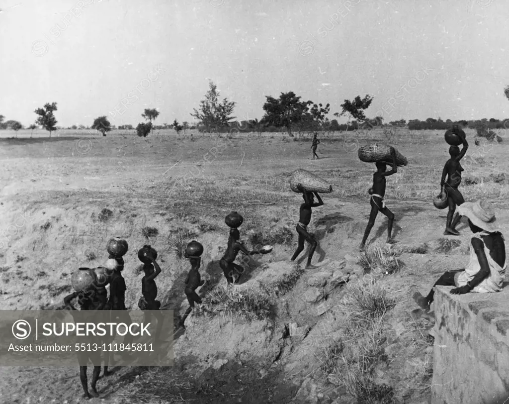 Pagans of the Northern Territories, Gold Coast: The Furafuras At Work -- The women fetch water from the near-dry river bed. The wells are mostly dry and the people get their water by digging in the empty river beds. Often it takes an hour or more for to fill ten pots with water. April 23, 1951. (Photo by Pictorial Press).;Pagans of the Northern Territories, Gold Coast: The Furafuras At Work -- The women fetch water from the near-dry river bed. The wells are mostly dry and the people get their wa
