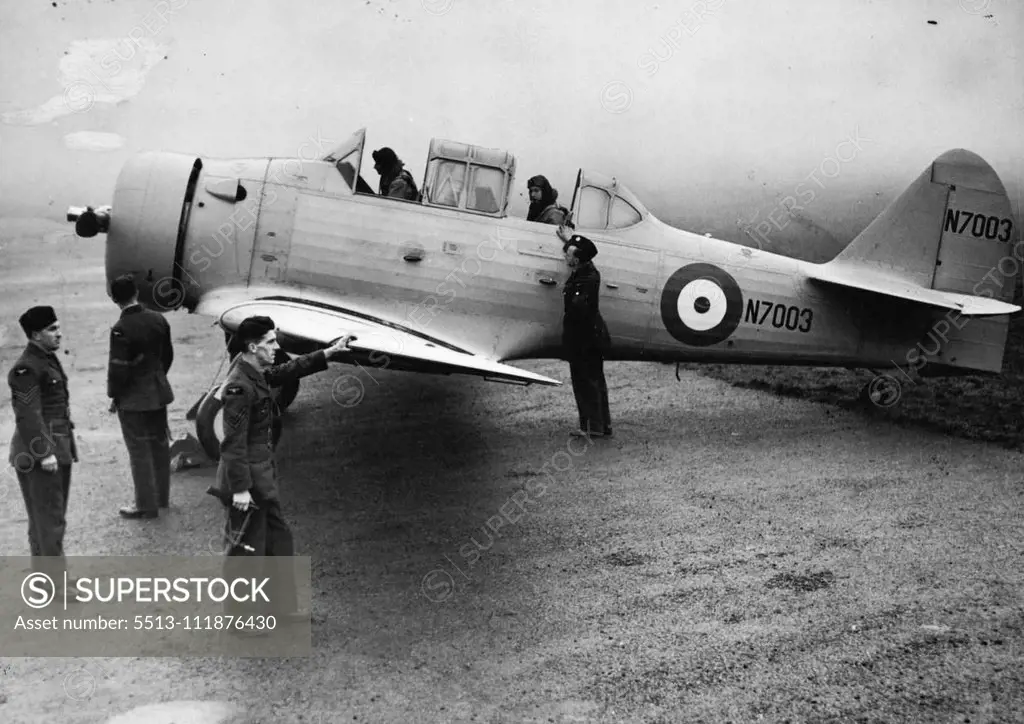 First U.S. Aircraft For British Pilots -- The first of the planes that have been ordered from America ***** now at Grantham *****. February 2, 1939. (Photo by Central Press Photos Ltd.).;First U.S. Aircraft For British Pilots -- The first of the planes that have been ordered from America ***** now at Grantham *****.