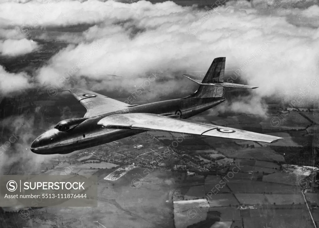 Britain's First Four-Jet Bomber -- The Vickers Valiant in flight over England. This is Britain's first four-jet bomber and a substantial order for the Royal Air Force has already been placed. The Valiant is powered by four Rolls-Royce Avon jet engines. Britain's four-engined Valiant in flight. August 3, 1951. (Photo by Fox Photos).;Britain's First Four-Jet Bomber -- The Vickers Valiant in flight over England. This is Britain's first four-jet bomber and a substantial order for the Royal Air Forc