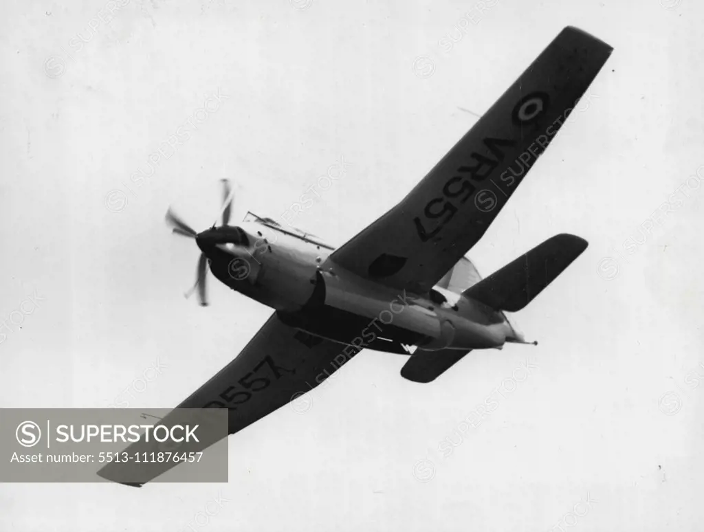 Britain's New 'Sub-Killer' Makes Debut. -- Maidenhead, Berkshire: Making its first public appearance in the air is this new Anti-Submarine Aircraft, the Fairey 17 - designed as a counter measure to the menace of the submarine. The Fairey 17 possesses several unique characteristics, including double fold-up wings to facilitate storage on aircraft carries, and special type of power plant. This power plant is the Armstrong Siddeley "Double Mamba" twin turbine unit, which drives two co-aziat propell