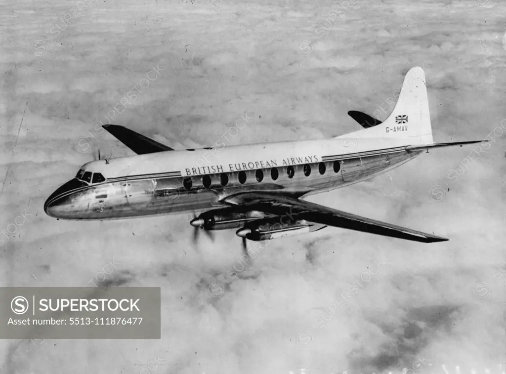 Coming Soon -- It is expected that in October British European Airways will take a first delivery of the Vickers Viscount 700 - of which this is a new picture in flight - the world's first propeller-turbine air liner. It is powered by four Rolls-Royce 'Dart' engines. The Viscount, one of the brilliant new aircraft carrying Britain into the leadership of world civil aviation, is also in brisk demand among overseas airlines. In addition to the 20 under construction for B.E.A., 12 Viscounts have be
